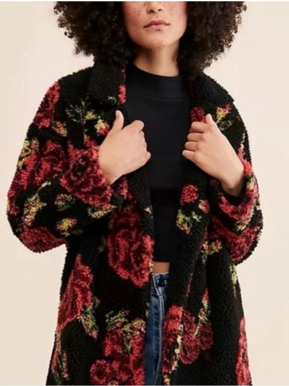 Black Floral Teddy Coat - Cozy Rose Print Outerwear